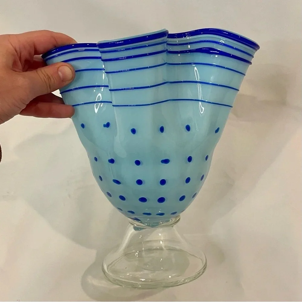 Blue Polka Dot & Stripped Blown Glass Fluted Ruffle Vase Handmade Unique